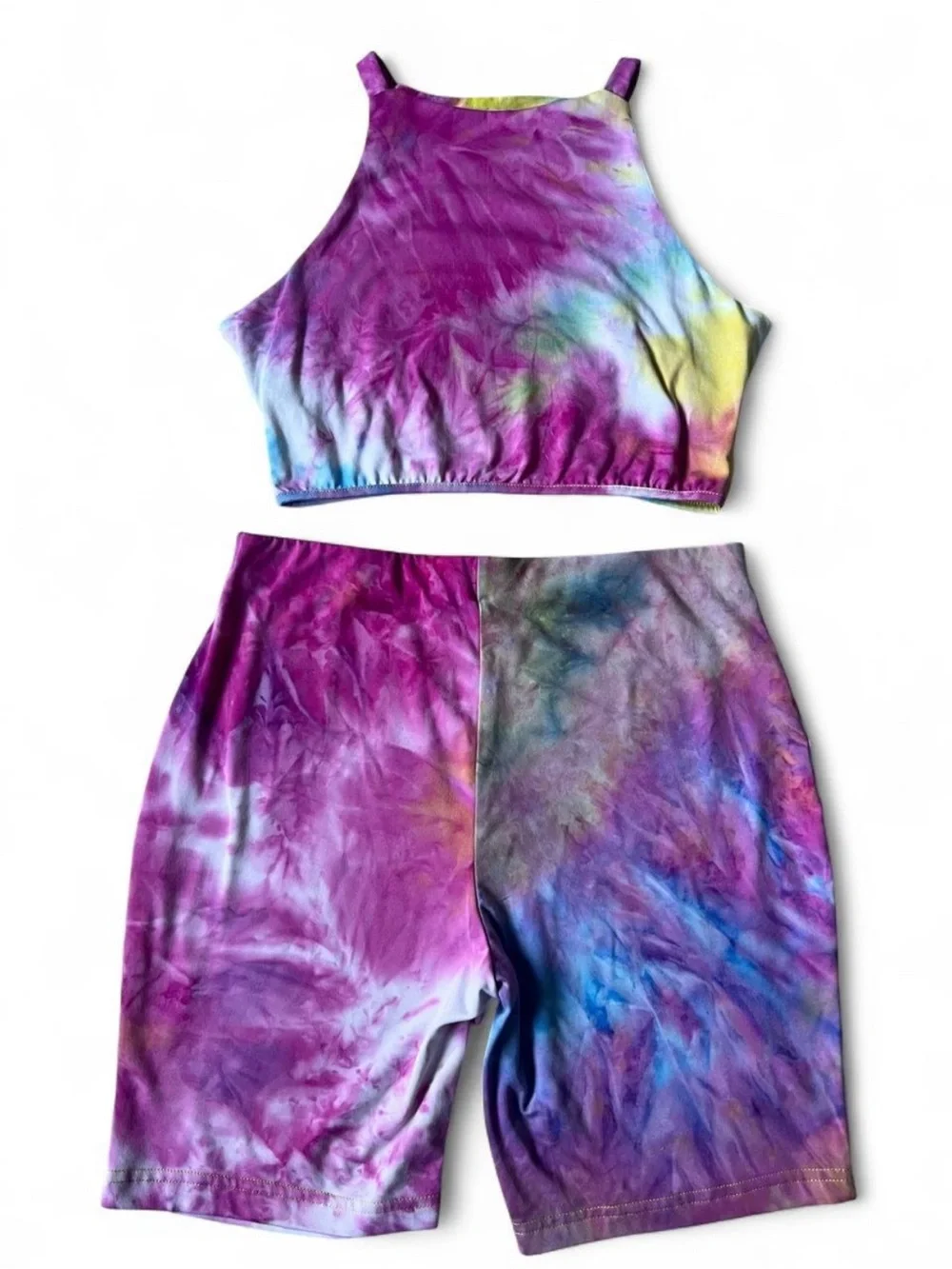 Tie Dye 2-Piece Crop Top & High-Waisted Biker Shorts Set | Medium